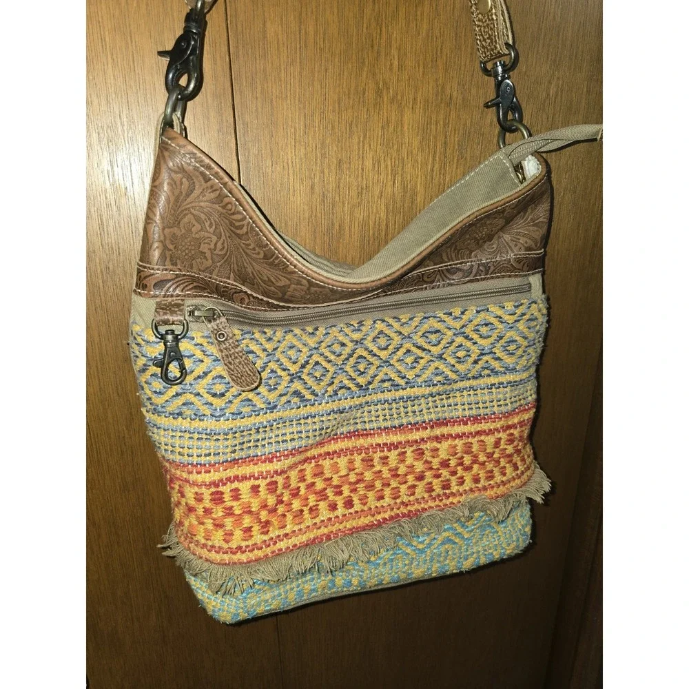 Myra Crossbody Bag Purse Brown Leather Yellow Blue Green Fringe Boho‎ India
